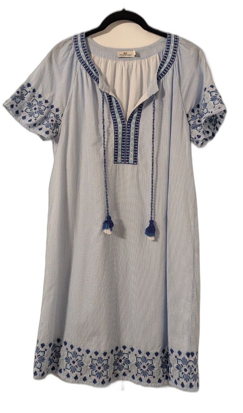 Vineyard Vines Women's Size Small Beach Dress Blue Stripe Emboridered Summer